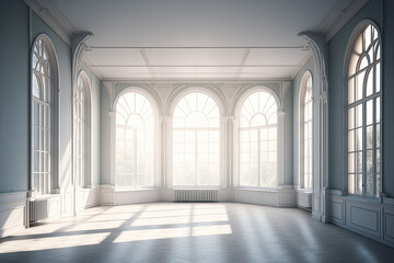 Fototapeta na wymiar large empty room with opal walls and large windows