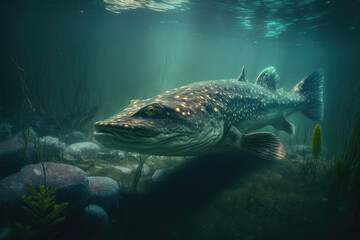 Pike fish under water in the wild created with Generative AI technology.