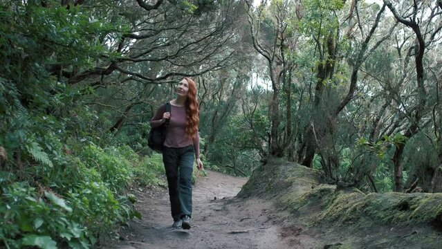 Woman is walking in an enchanted forest. Redhead girl with a long hair.