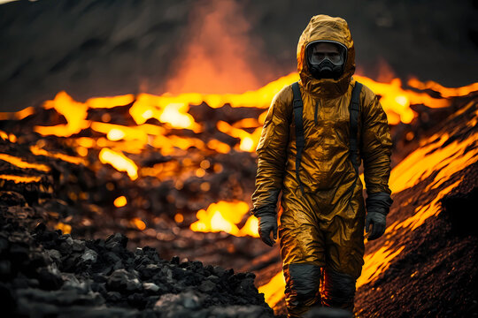 scientist in a dangerous burning hot volcano landscape wears gas mask, created with generative ai