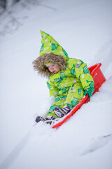 A little girl is sledding in the harsh northern winter
