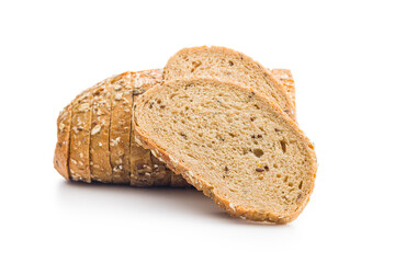 Sliced whole grain bread. Tasty wholegrain pastry with seeds isolated on white background.