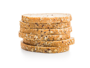 Sliced whole grain bread. Tasty wholegrain pastry with seeds isolated on white background.