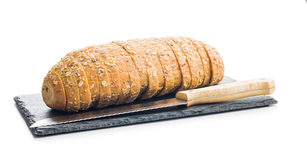 Sliced whole grain bread. Tasty wholegrain pastry with seeds isolated on white background.