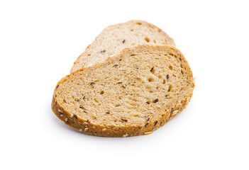Sliced whole grain bread. Tasty wholegrain pastry with seeds isolated on white background.