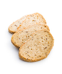 Sliced whole grain bread. Tasty wholegrain pastry with seeds isolated on white background.