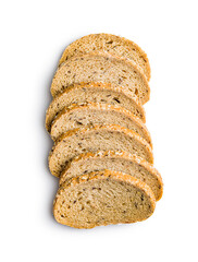 Sliced whole grain bread. Tasty wholegrain pastry with seeds isolated on white background.