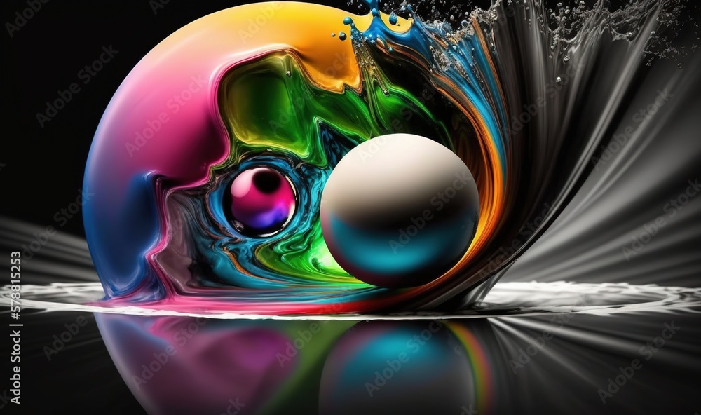 Poster a colorful object with a black background and a white ball. generative ai