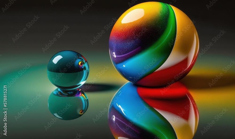 Poster a colorful ball and a sphere on a reflective surface with a reflection. generative ai