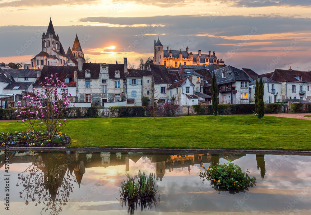 Wall mural royal city of loches (france) spring night view. was constructed in the 9th century.