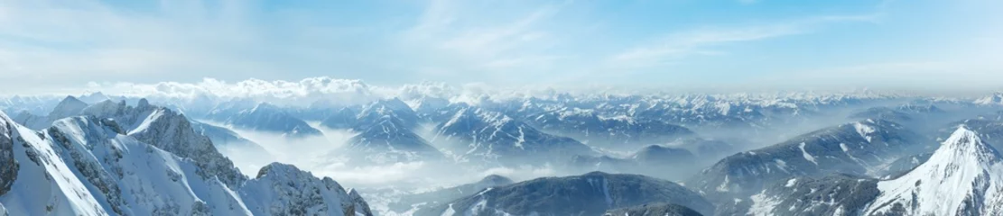 Fototapete Winter hazy view from Dachstein mountain massif top to Schladming and Filzmoos region (Austria). © wildman