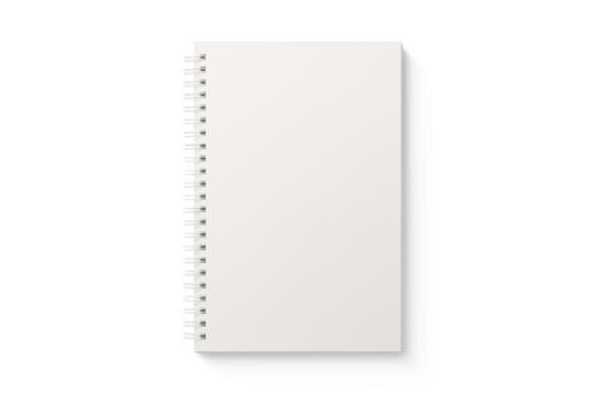 Spiral bound notebook mockup template with white paper cover isolated on a transparent background, PNG. High resolution.