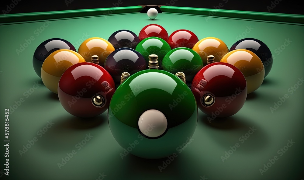 Poster a green pool table with a bunch of pool balls on it. generative ai
