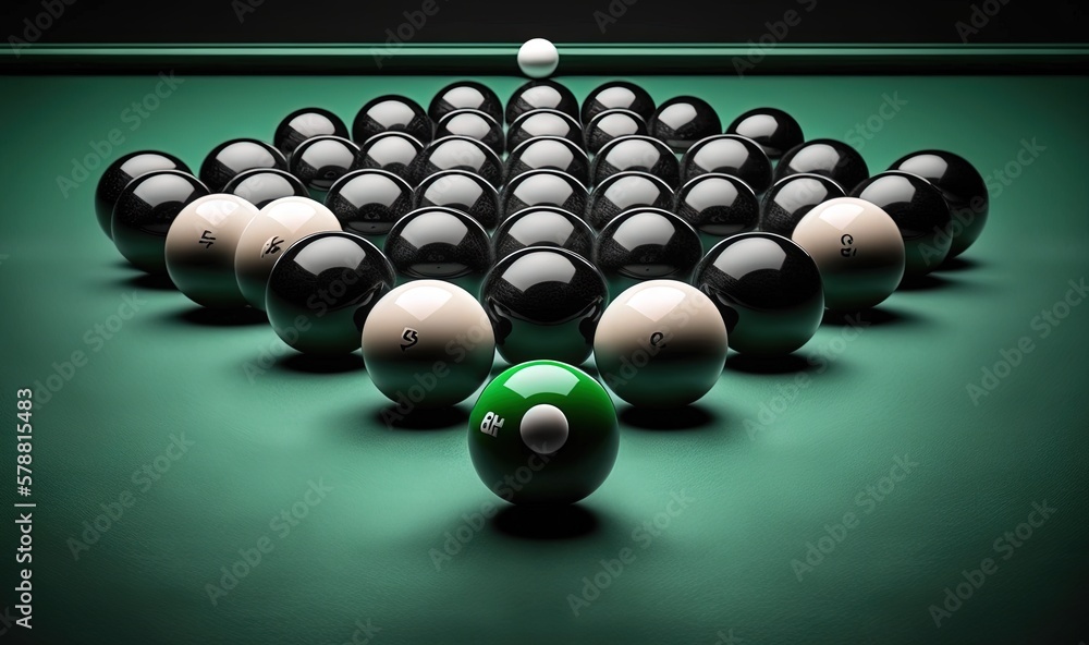 Poster a pool table with eight balls and a cue in it. generative ai