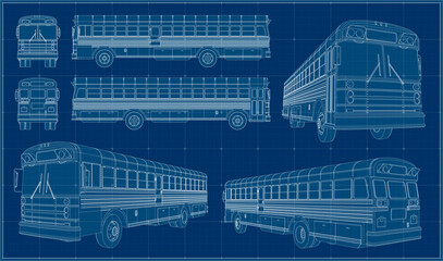 Bus drawing. Three projections. School bus. Transport of the 80s. Blueprint.