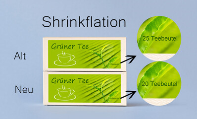 Shrinkflation concept in German: inflation by less content. 2 packages of identical size, the old...