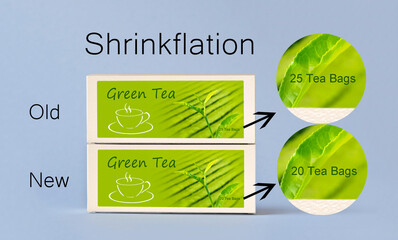 Shrinkflation concept, inflation by less contents: two packages of identical size, the old box...