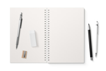 Spiral bound notebook mockup template with white paper cover isolated on a transparent background, PNG. High resolution.