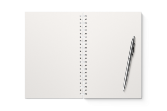 Spiral bound notebook mockup template with white paper cover isolated on a transparent background, PNG. High resolution.