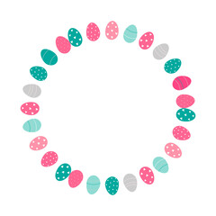 Easter flower wreath . Easter frame with decorated eggs and flowers and symbols of bright Easter