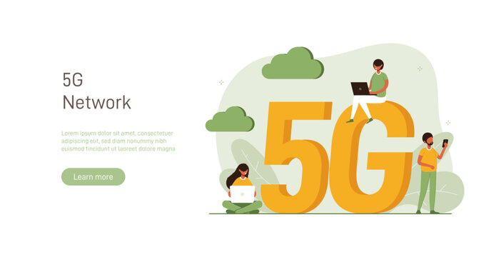 Concept of 5G mobile network, wireless Internet connection technology. Wifi illustration. People use device to connect Internet network Modern colorful flat vector illustration for poster, banner.