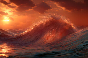 high wave splash in the sea at sunset. generative ai