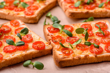 Delicious fresh toast or bruschetta with tomatoes, cheese, herbs, salt and spices