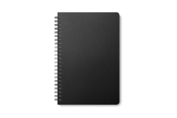 Spiral bound notebook mockup template with black paper cover isolated on a transparent background, PNG. High resolution.