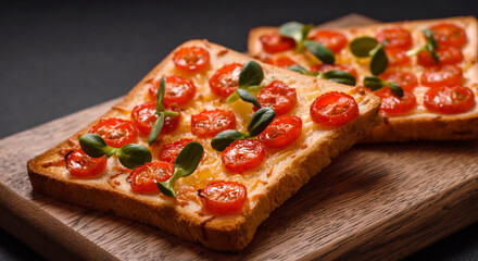 Delicious fresh toast or bruschetta with tomatoes, cheese, herbs, salt and spices