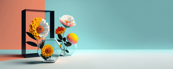 colorful flowers on black frame and geometric shapes on blue background, spring concept with copy space