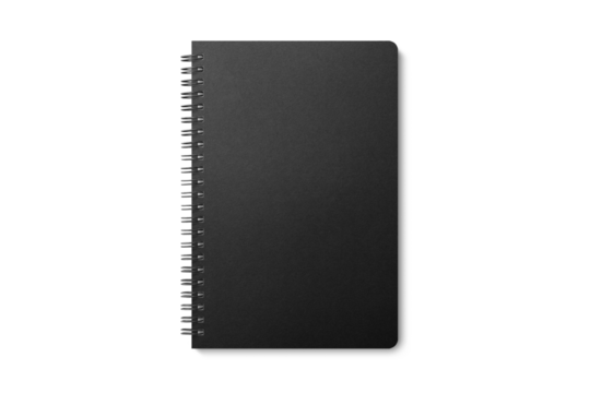 Spiral bound notebook mockup template with black paper cover isolated on a transparent background, PNG. High resolution.