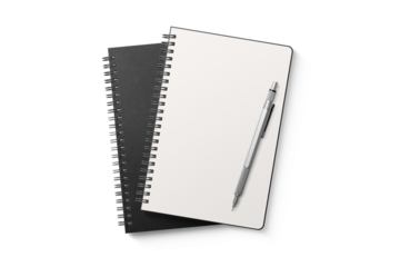 Spiral bound notebook mockup template with black paper cover isolated on a transparent background, PNG. High resolution.