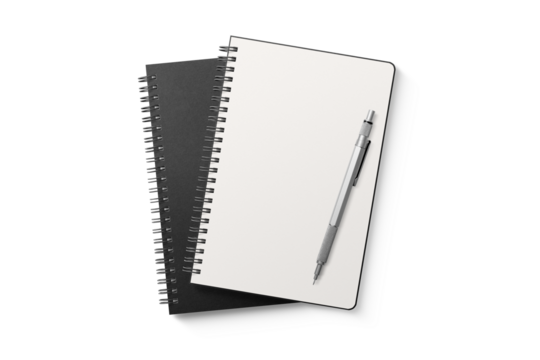 Spiral bound notebook mockup template with black paper cover isolated on a transparent background, PNG. High resolution.
