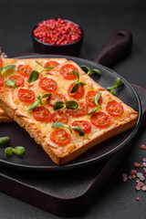Delicious fresh toast or bruschetta with tomatoes, cheese, herbs, salt and spices