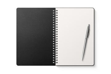 Spiral bound notebook mockup template with black paper cover isolated on a transparent background, PNG. High resolution.