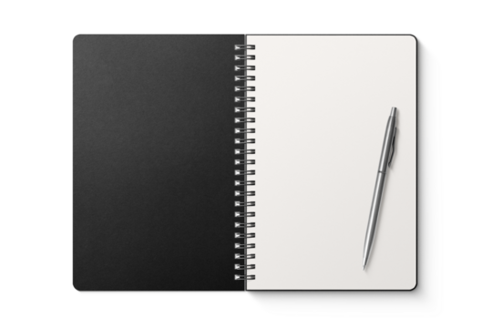Spiral bound notebook mockup template with black paper cover isolated on a transparent background, PNG. High resolution.