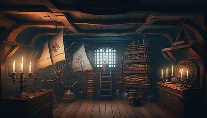 Pirate ship deck interior with nautical equipment concept design generative ai - obrazy, fototapety, plakaty