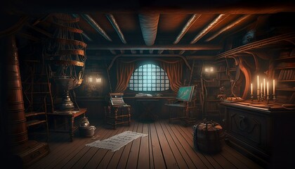 Pirate ship deck interior with nautical equipment and treasure chest concept design generative ai - obrazy, fototapety, plakaty
