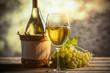 Bottle of white craft wine with tasting glass during golden hour on a rustic background. Horizontal illustration. Generative AI - obrazy, fototapety, plakaty