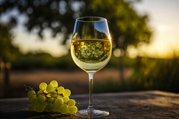 One glass of white wine standing on a table next to a bunch of grapes in the shade overlooking a sunny summer field with vineyards.Horizontal illustration. Generative AI