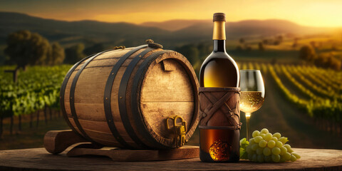 Golden Hour White Wine with Vineyards Background.  Horizontal illustration. Generative AI - obrazy, fototapety, plakaty
