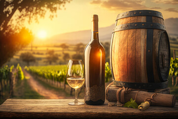 Refreshing White Wine in a Serene Vineyard Setting. Horizontal illustration. Generative AI - obrazy, fototapety, plakaty