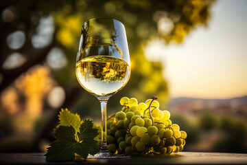 One glass of white wine standing on a table next to a bunch of grapes in the shade overlooking a sunny summer field with vineyards. Horizontal illustration. Generative AI - obrazy, fototapety, plakaty
