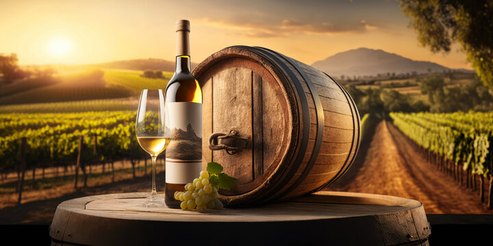 Sipping White Wine Amidst Vineyards. Horizontal illustration. Generative AI