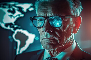Senior Executive portrait and global map reflecting in his eyeglasses.  Generative AI - obrazy, fototapety, plakaty