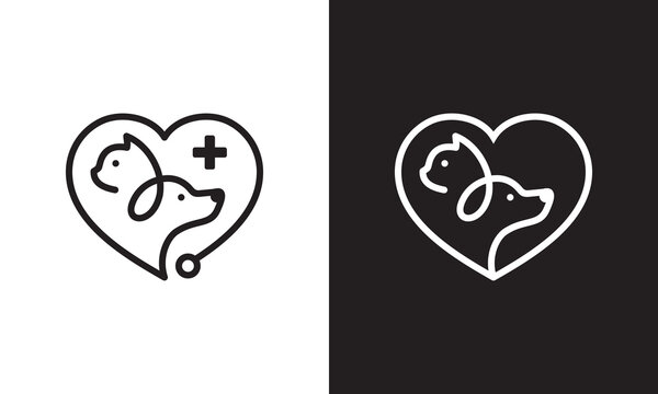 dog and love logo design. pet care white stethoscope concept element. linear style symbol vector illustration.