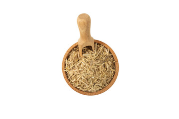siberian ginseng in latin Eleutherococcus senticosus in wooden bowl and scoop isolated on white...