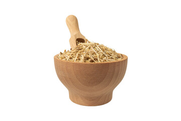 siberian ginseng in latin Eleutherococcus senticosus in wooden bowl and scoop isolated on white...