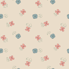 Wildflower seamless vector pattern background. Vintage boho style meadow flowers backdrop. Hand drawn line art painterly botanical design. Garden flower cottagecore maximalist repeat for gifting