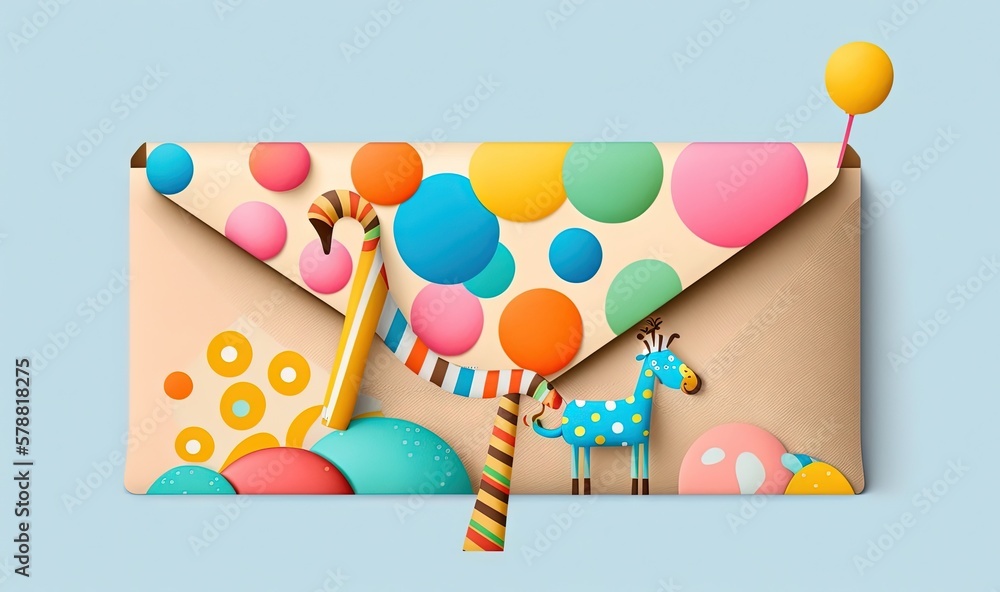 Poster an envelope with a giraffe and balloon on it. generative ai